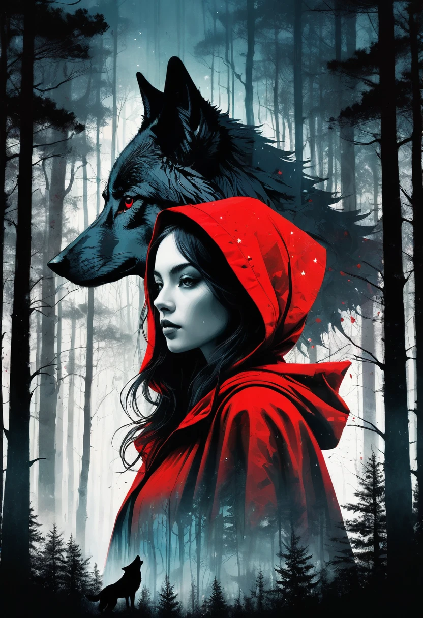 (Double exposure:1.3) effect of Little Red Riding Hood and the Wolf silhouette, superimposed against dark forest sky by Conrad Roset, Brandon Kidwell, Andreas Lie, Dan Mountford, Agnes Cecile, Jeremy Mann, oil and ink canvas, fine art, super dramatic light, photoillustration, amazing depth, hyperdetailed, iridescent red, redundant dreams, intricate detailed, amazing depth, stunning atmosphere, mesmerizing whimsical vibrant scenery, maximalism (Beautiful Outside, Ugly Inside, Stress and Pain, Beauty and Despair, Hard and Soft, Positive and Negative, Hot and Cold, Sweet and Sour, Vibrant and Dull, Perfect Harmony, Light and Dark, Hot and Cold, Old and Young, Fire and Ice, Yin and Yang, Opposites, Black and white, Hot and Cold, Organic and Mechanical, Corresponding colors, Loud and Quiet, Chaos and Peace,  Night and Day:1.2) complex masterwork by head of prompt engineering 