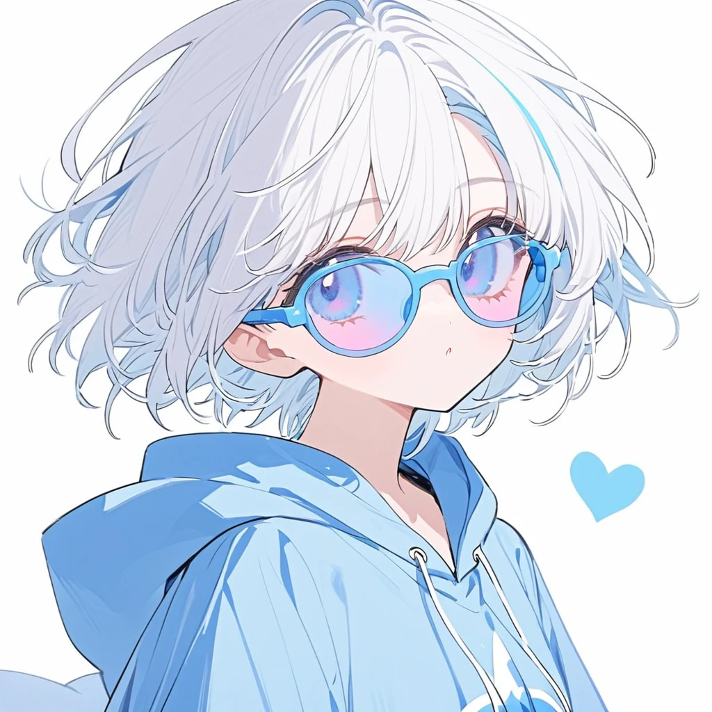 girl, white hair, short hair, blue mesh hair, blue and gray eyes, blue hoodie, one pastel blue ((heart)) sun glasses, 舌を出す, white background