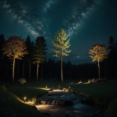 create a fantasy-type image that shows nature in all its splendor with lights and many trees.