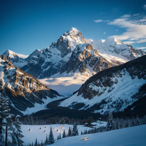 image with mountains and snowy fantasy style background, nature essence, trees and natural lights with glowing splendor