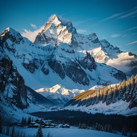 image with mountains and snowy fantasy style background, nature essence, trees and natural lights with glowing splendor