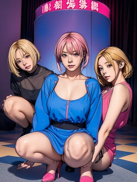 3 Girl，Blonde，Pink Hair，Blue Hair[Very short hair|Very long braid]Asymmetrical Dress]，Under the chest，落書きで覆われた壁の前にsquat，Street f...