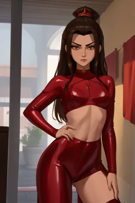 azula. dark brown hair,very long hair,midriff . cold brown eyes. dark skin. small breasts. skinny. choker. latex suit. dancer