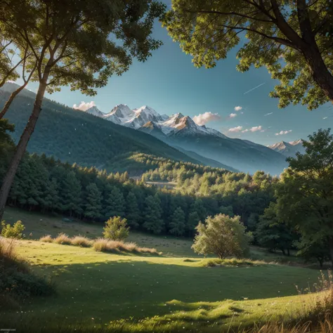 image with mountains grass and warm weather in the background in the distance, far away the snowy fantasy style background, natu...