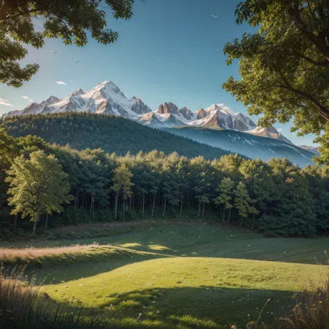 image with mountains grass and warm weather in the background in the distance, far away the snowy fantasy style background, natu...