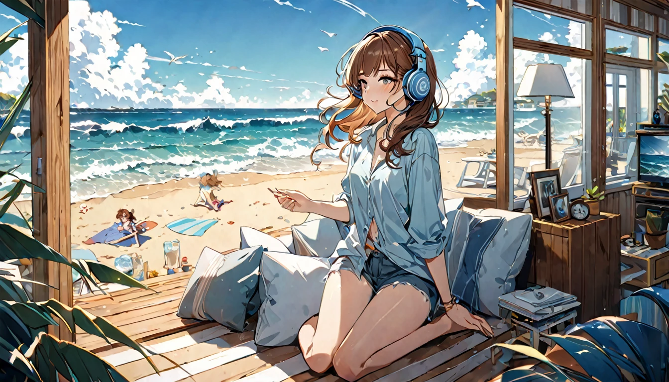 Brown-haired girl wearing headphones、Whisper of the Waves - Highly detailed、masterpiece, Highest quality, Bright - with a calm sea in the background、Relaxed facial expression、Casual clothing、Gazing at the waves、Beach House
(Detailed fingers), (Emotional), (Breathtakingly beautiful), (main part:1.2 Whole body), (Anime Style), (Very detailed), (超High resolution, High resolution), (8k), (Complex and beautiful: 1.2)