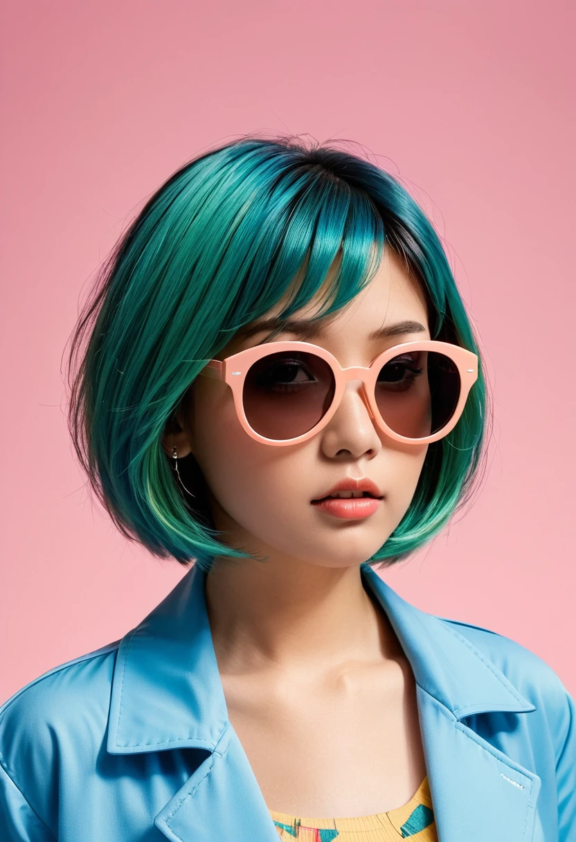 (Highest quality:1.2, City Pop Style, Very detailed, Latest, Vibrant, High Contrast, masterpiece:1.2, Highest quality, Best aesthetics), girl, ((Face Up Shot:1.4)), Colorful Hair, Bobcut, pastel colour, 1980s style, ((Retro, Vintage, Plain background)), (sunglasses).