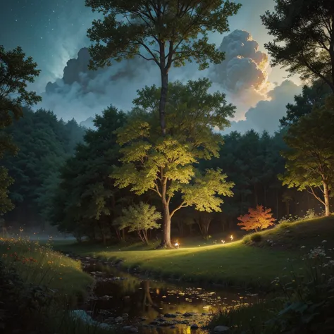 give it a fantasy style background with lots of trees, little fireflies, very warm landscape, with splendor and in the backgroun...