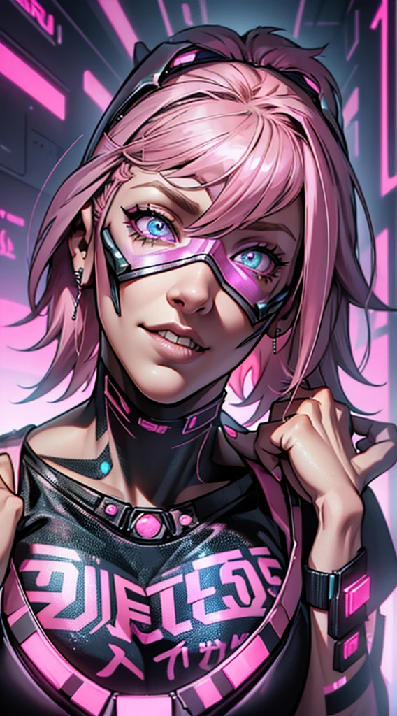 futuristic clothing, medium pink hair, blue colored eyes, pale skin, demon, claws, bangss, gothic art, full body shot shot, elegant pose, ssmile, Romanticism, work of art, anatomically correcte, high qualiy, super detaill, best qualityer, 4K, 8k, Perfect Woman, the most beautiful woman, her face has to be symmetrical and beautiful, baby pink hair, best qualityer final, beautfull woman, speech bubble, Galaxy,60s,70s,80s,colorfully,cosmo,space, VERY DETAILED EAR FLARERS, detailed pink hair, ((((wear t-shirt writing ((karry66)))), delicate and well-detailed face, (((pink cyberpunk armadura))), proportional face 