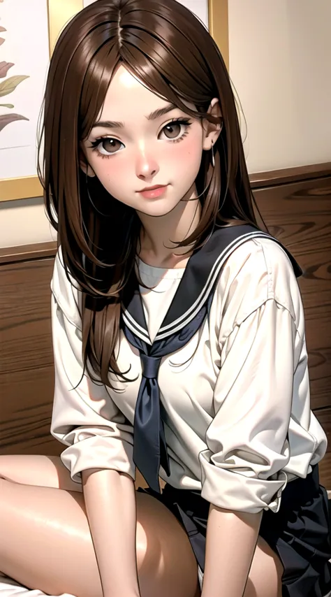 indoor, bedroom, sitting on bed:1.1, ((w sitting)), , long hair, brown hair, brown eyes, (perfect skin, realistic skin), seifuku...