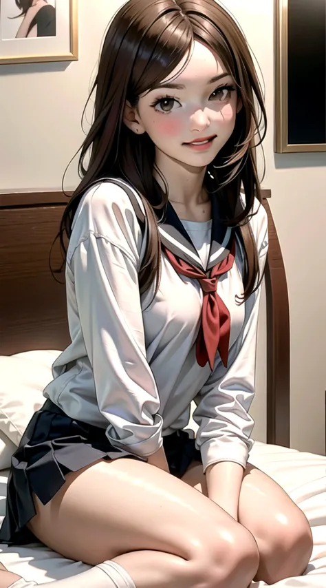 indoor, bedroom, sitting on bed:1.1, ((w sitting)), , long hair, brown hair, brown eyes, (perfect skin, realistic skin), seifuku...