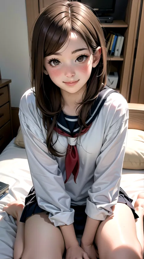 indoor, bedroom, sitting on bed:1.1, ((w sitting)), , long hair, brown hair, brown eyes, (perfect skin, realistic skin), seifuku...