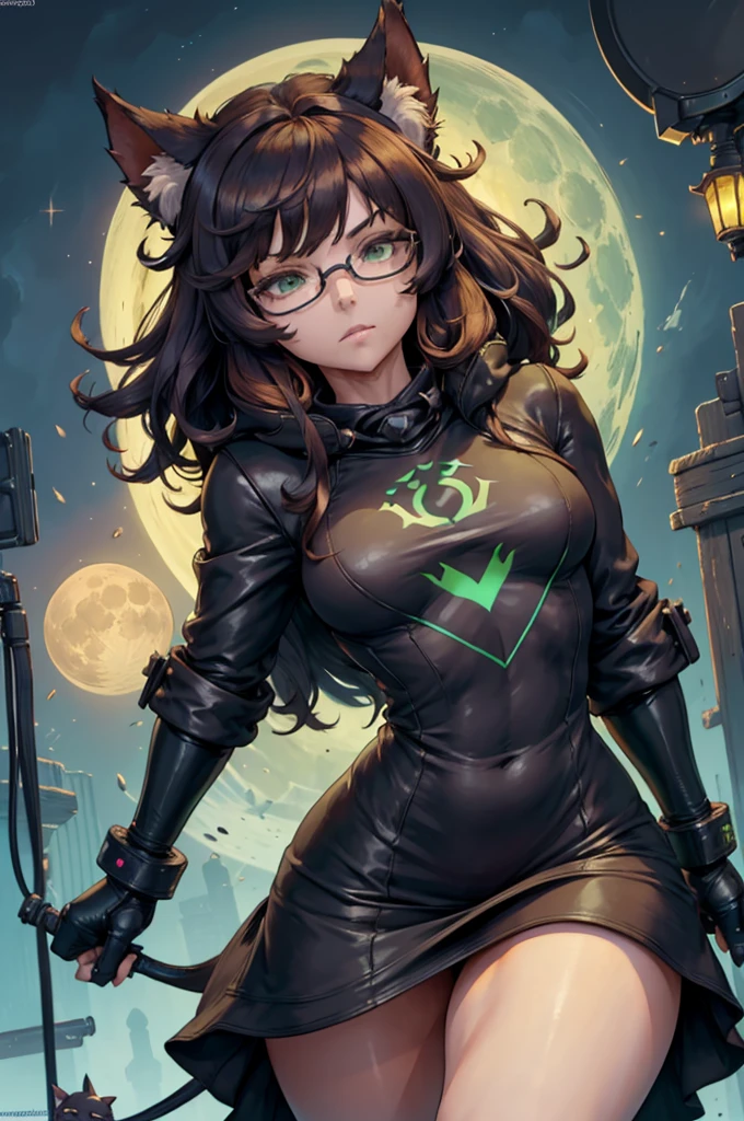 Quality 4k, Solo, Girl, Detailed Face, Detailed Eyes, Green Eyes, Adult Female, Young Adult Female, Female, Goblin, Short, (Wizard Hat), Yellow Moon Decal, Shadow Cat Familiar, Black Chibi Familiar, Glasses, (Brown Poofy Hair), Bright Green Eyes, Shop Owner, (Cybernetic Enhancement parts), Cyberpunk Setting, Shop Background, Night time