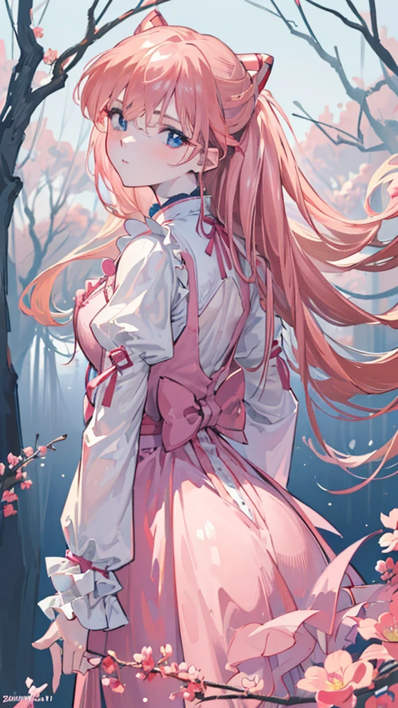 (finely detailed beautiful eyes and detailed face,masterpiece sidelighting,masterpiece,Best Quality,detailed,high resolution illustration),, (1 girl,whole body,bishoujo,shiny skin,looking down,looking at the viewer),, (pink hair,blue eyes,Love,Hanboks, Korean clothes), (dress_under bust:1.2),under the chest,