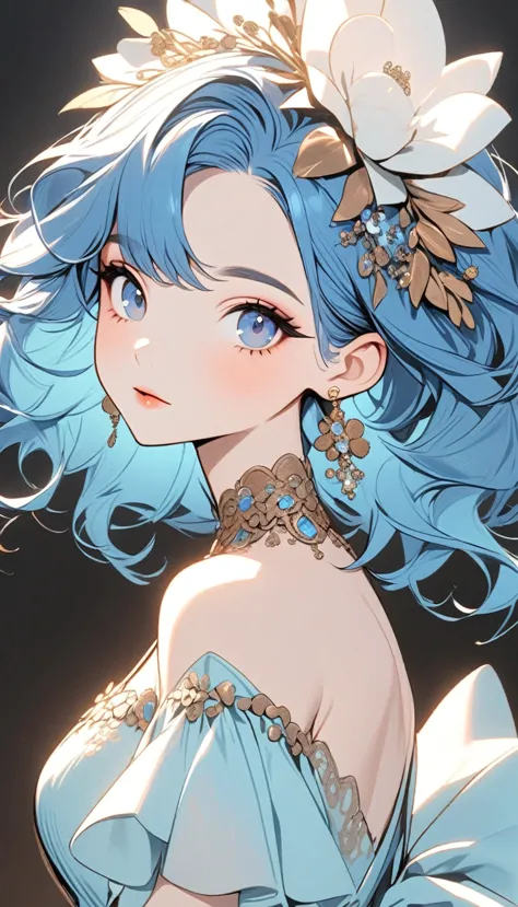 a stylized art of a woman in a pretty dress with blue hair, 1girl, solo, jewelry, earrings, blue eyes, looking at viewer, mole, ...