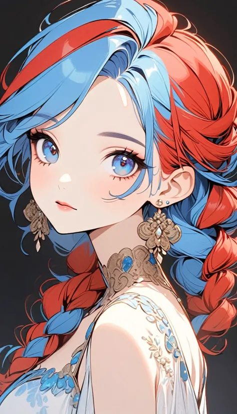 a stylized art of a woman in a pretty dress with blue hair, 1girl, solo, jewelry, earrings, blue eyes, looking at viewer, mole, ...