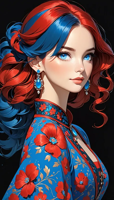 a stylized art of a woman in a pretty dress with blue hair, 1girl, solo, jewelry, earrings, blue eyes, looking at viewer, mole, ...