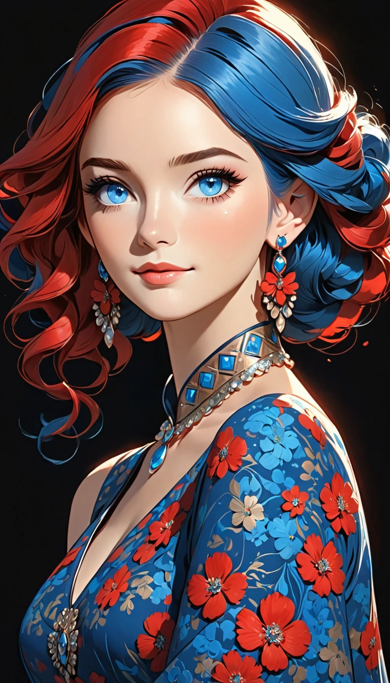 a stylized art of a woman in a pretty dress with blue hair, 1girl, solo, jewelry, earrings, blue eyes, looking at viewer, mole, black background, red hair
