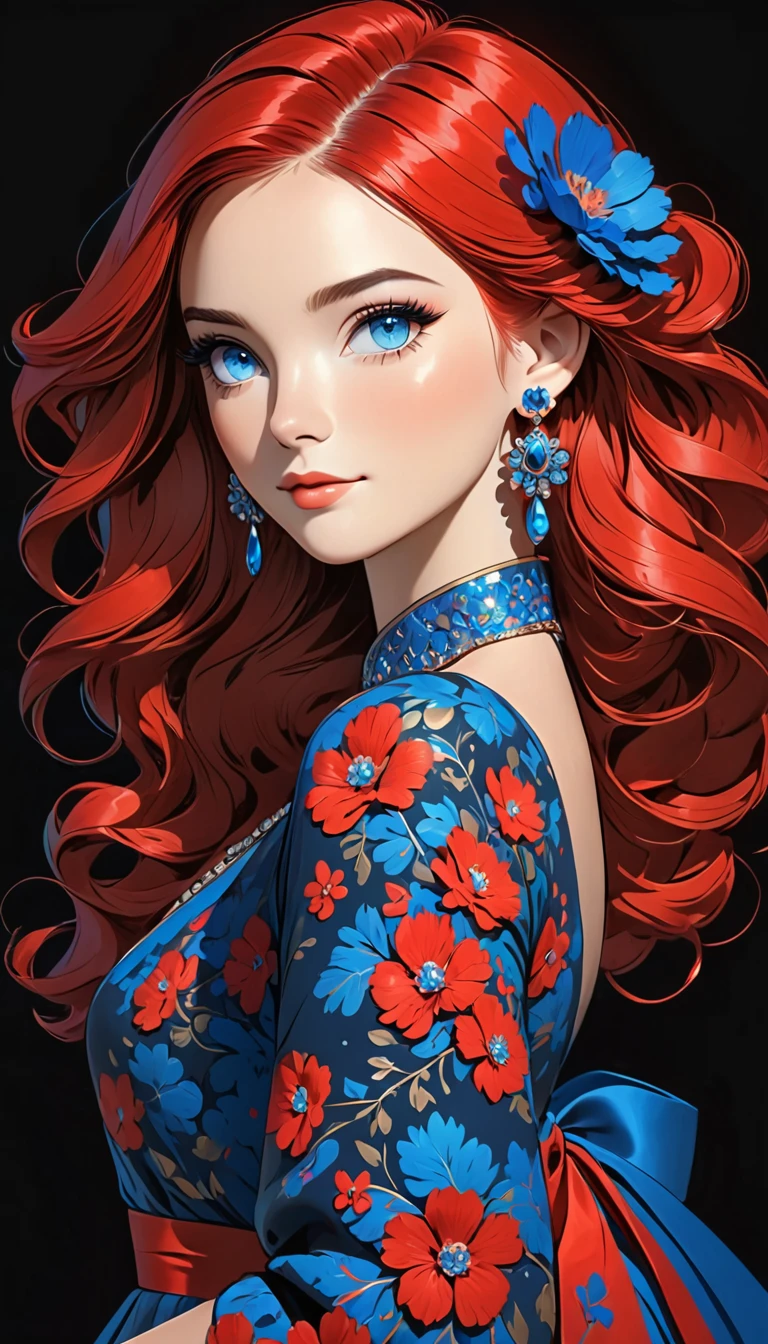 a stylized art of a woman in a pretty dress with blue hair, 1girl, solo, jewelry, earrings, blue eyes, looking at viewer, mole, black background, red hair
