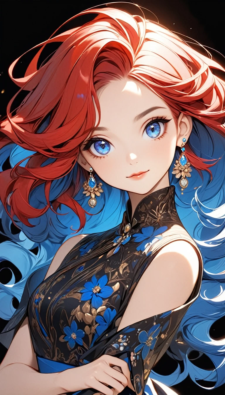 a stylized art of a woman in a pretty dress with blue hair, 1girl, solo, jewelry, earrings, blue eyes, looking at viewer, mole, black background, red hair
