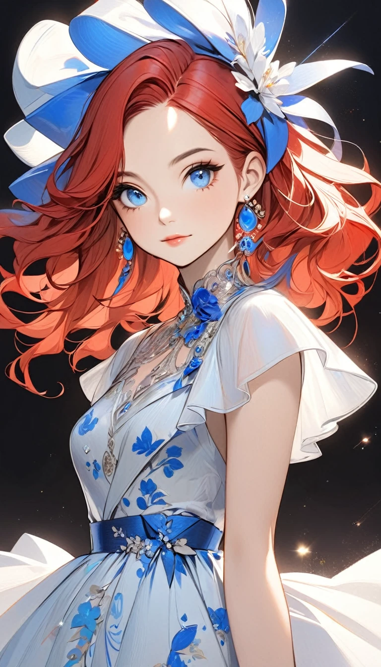 a stylized art of a woman in a pretty dress with blue hair, 1girl, solo, jewelry, earrings, blue eyes, looking at viewer, mole, black background, red hair
