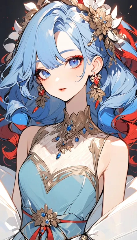 a stylized art of a woman in a pretty dress with blue hair, 1girl, solo, jewelry, earrings, blue eyes, looking at viewer, mole, ...