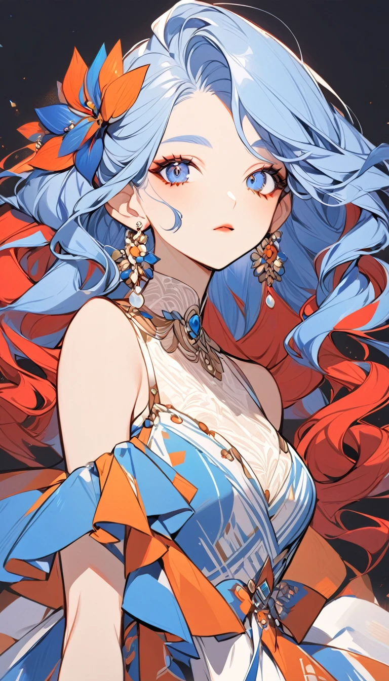 a stylized art of a woman in a pretty dress with blue hair, 1girl, solo, jewelry, earrings, blue eyes, looking at viewer, mole, black background, red hair
