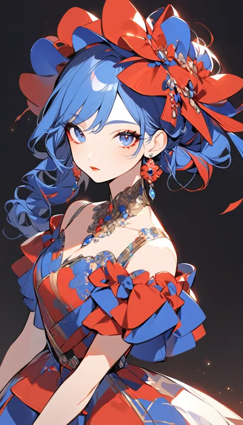 a stylized art of a woman in a pretty dress with blue hair, 1girl, solo, jewelry, earrings, blue eyes, looking at viewer, mole, ...