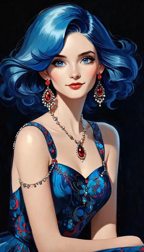 a stylized art of a woman in a pretty dress with blue hair, 1girl, solo, jewelry, earrings, blue eyes, looking at viewer, mole, ...