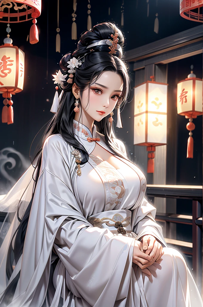 Black Hair, Immortal, Royal sister, Stepmother, White Robe, Taoist robe, Chinese style, Hair Bunch，Mature Woman