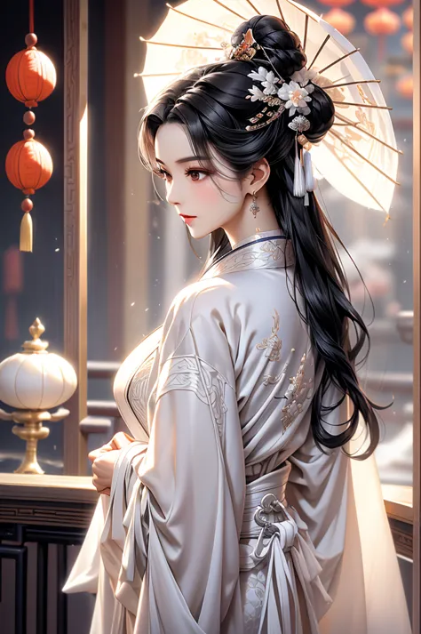 black hair, immortal, royal sister, stepmother, white robe, taoist robe, chinese style, hair bunch，mature woman