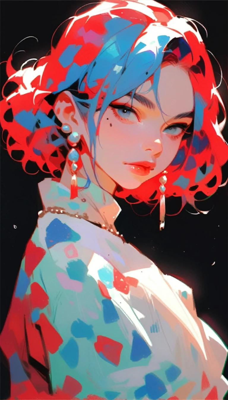 red a stylized art of a woman in a pretty dress with blue hair, 1girl, solo, jewelry, earrings, blue eyes, looking at viewer, mole, black background, red hair