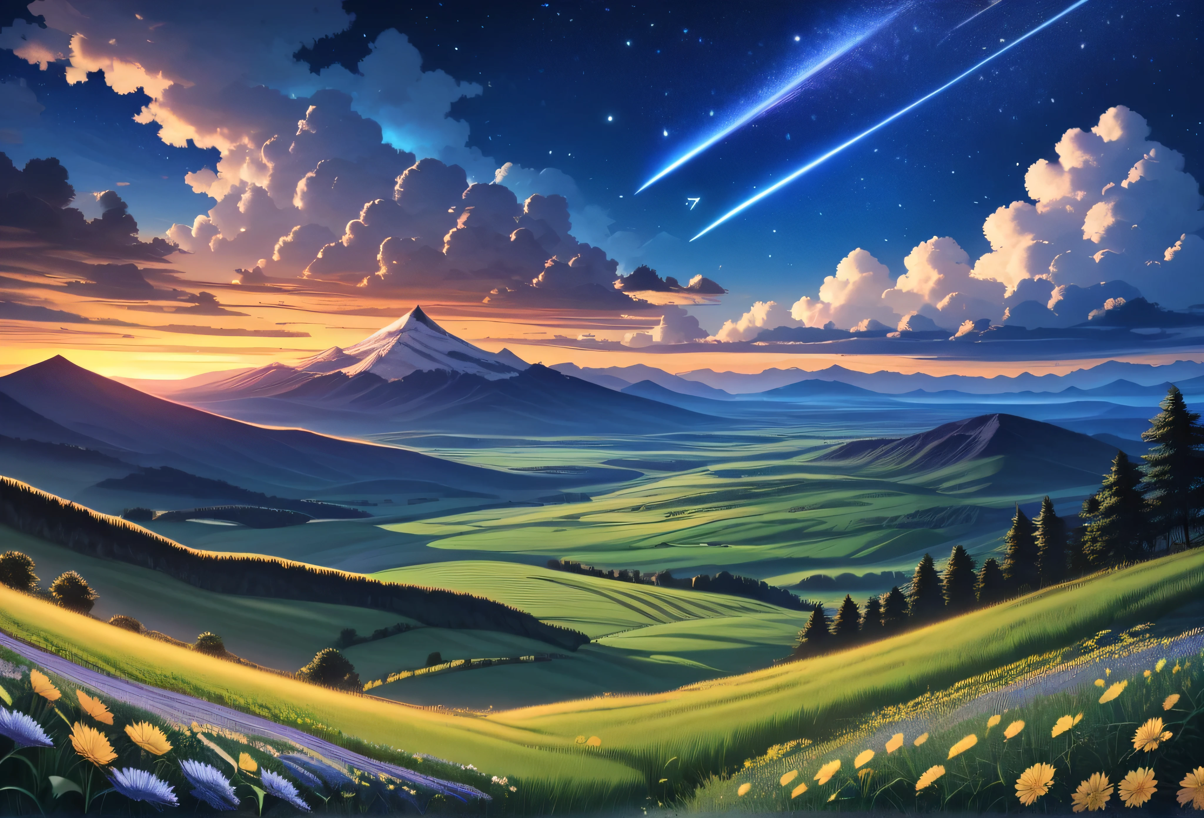 score_9, score_8_up, score_7_up, source_anime, rating_safe, scenery, outdoors, sky, cloud, (no humans), star \(sky\), mountain, mountainous horizon, flower, starry sky, grass, landscape, shooting star, nature, tree, blue sky, sunset, cloudy sky, field, night, night sky, plant, hill, evening, cumulonimbus cloud, very aesthetic, absurdres, detailed background, scr33nc@p, 