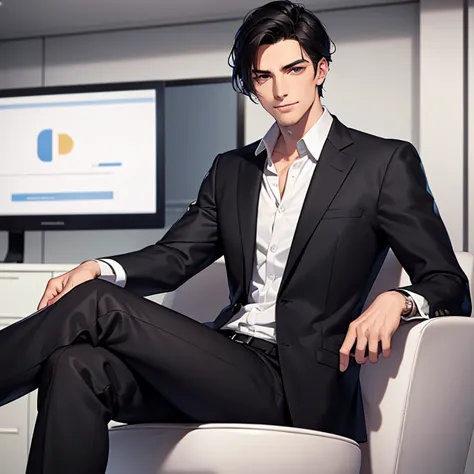 handsome man, evil smile, black hair, gray eyes, business clothes, sitting