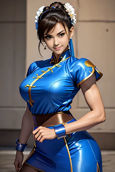 《street fight ii》chunli,perfect chunli costume,blue and gold cheongsam,bunhead,good cover,combat stance,high kick,kick、please pu...