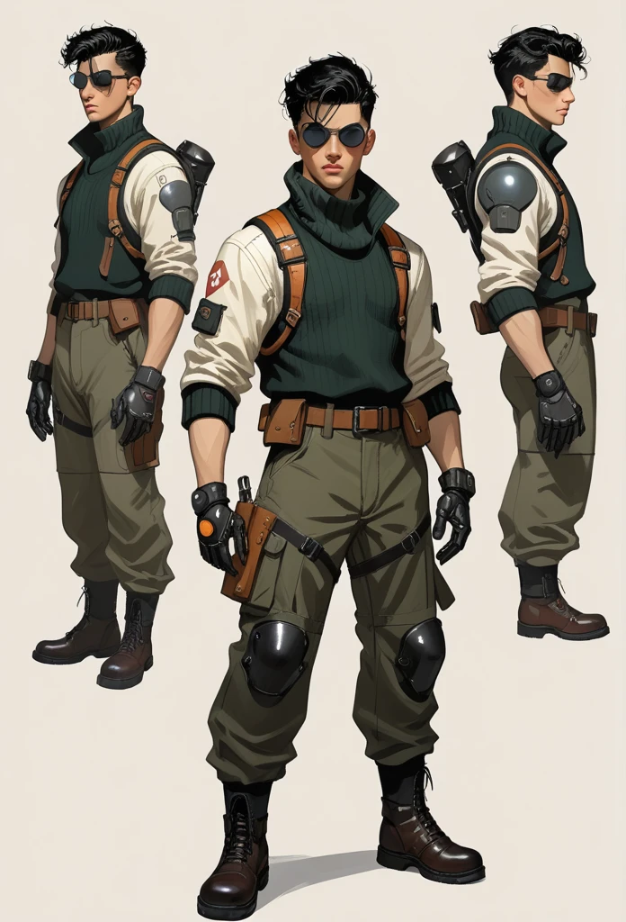 score_9, score_8_up, score_7_up,BREAK
 conceptart,1boy, solo, portrait of a young man, sunken eyes, handsome, straps, bomber jacket, turtleneck sweater, black cargo pants, armpit holster, makeshift pauldrons, makeshift greaves, dieselpunk technology, magically enhanced robotic gloves, goggles on his head, black hair, messy middle-parted haircut, low lightning, magic energy irradiating from his gloves, hand on his hip, reference sheet, multiple views simple background, sketch, character design