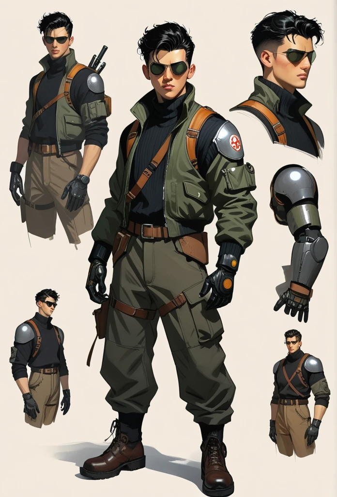 score_9, score_8_up, score_7_up,BREAK
 conceptart,1boy, solo, portrait of a young man, sunken eyes, handsome, straps, bomber jacket, turtleneck sweater, black cargo pants, armpit holster, makeshift pauldrons, makeshift greaves, dieselpunk technology, magically enhanced robotic gloves, goggles on his head, black hair, messy middle-parted haircut, low lightning, magic energy irradiating from his gloves, hand on his hip, reference sheet, multiple views simple background, sketch, character design