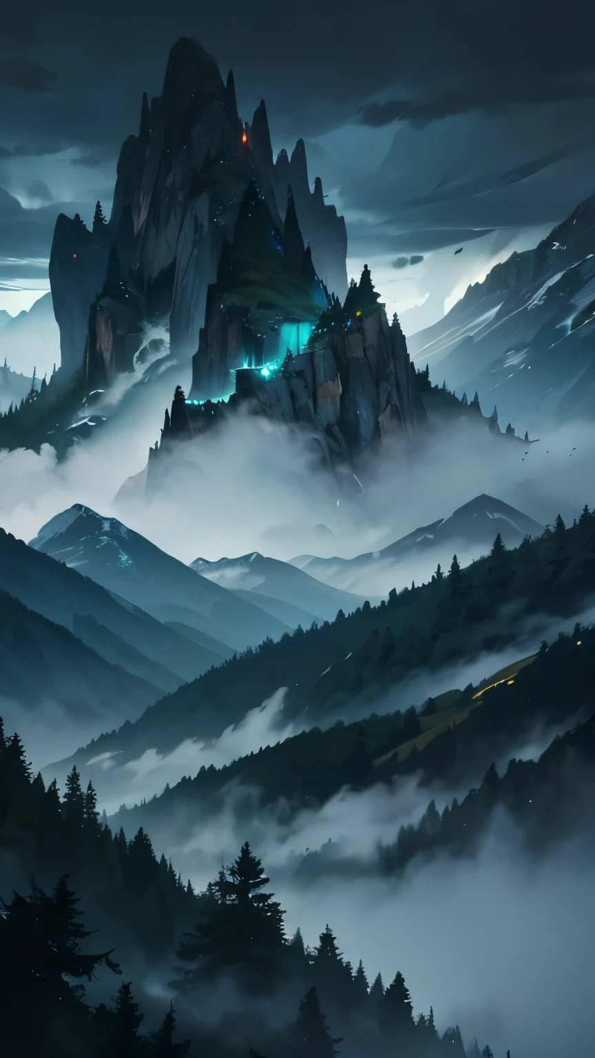 dark fantasy, Setting: Aerial view of a mountainous and forested landscape shrouded in a perpetual storm.

Details:

Storms: Dark, dense clouds, heavy rain, and occasional lightning.
Landscape: Steep mountains, deep valleys, thick forests, and turbulent rivers.
Colors: Shades of gray, deep blue, and moss green.
Atmosphere: Desolate and majestic, with a sense of vastness and natural power.