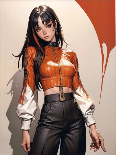 (best qualityer))), (((manga strokes))), (((black bob hair with straight bangs and red highlights))), (((wide pants with 2 side ...