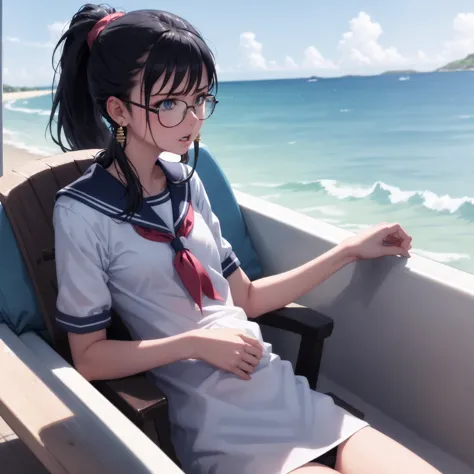 masterpiece, top quality, earrings, sailor suit, black hair, small breasts, girl, upper body, hot, sweating, sitting, ponytail, ...