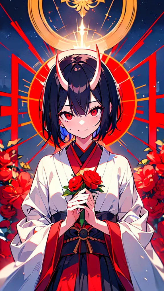 masterpiece, best quality, ultra detailed, exquisite, beautiful, highres, abyss, shota, oni, evil smiling, looking at viewer, short hair, hair covering eyes, black hair, red eyes, japanese clothes, with a scar, with horns, 13-year-old, outside, in the evening, upper body, headshot