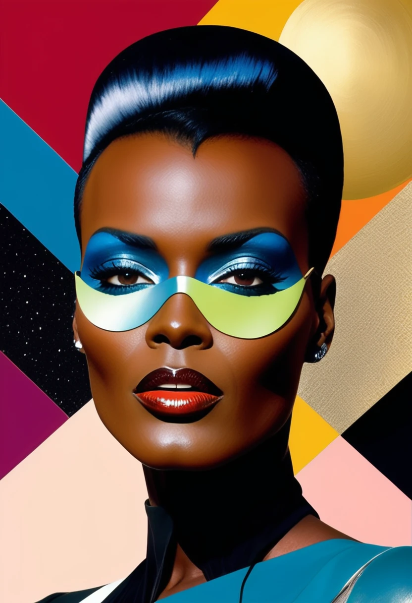 Temático Grace Jones, Arte de deslocamento surreal e estranha：colagem，Há muitas coisas diferentes nos rostos，nave espacial，cores vibrantes e sensuais, Luxação Geométrica，colagem,oco，Sentido artístico，pintura，pintar，simples, Grace Jones cantora negra