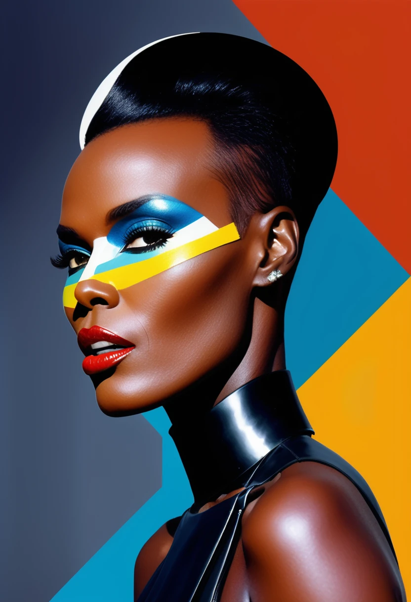 Grace Jones themed, Surreal and strange dislocation art：Collage，There are many different things on the faces，spaceship，vibrant sensual colors, Geometric Dislocation，Collage,Hollow，Artistic sense，Painting，paint，Simple, Grace Jones black singer