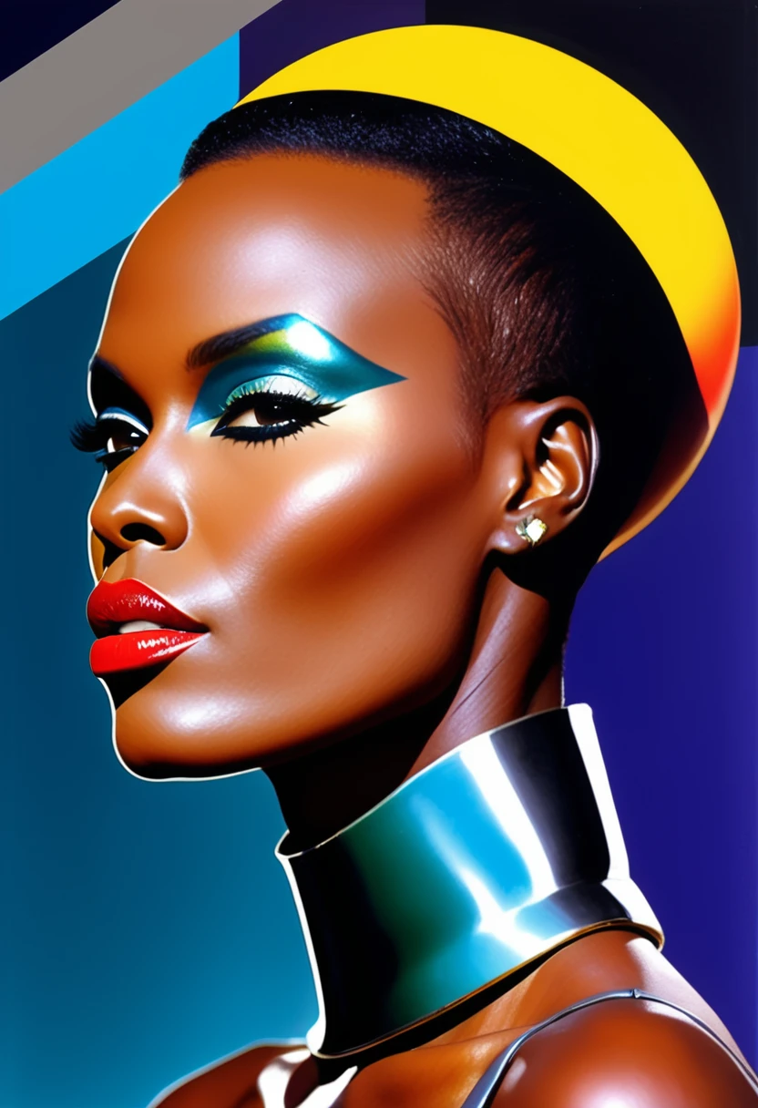 Grace Jones themed, Surreal and strange dislocation art：Collage，There are many different things on the faces，spaceship，vibrant sensual colors, Geometric Dislocation，Collage,Hollow，Artistic sense，Painting，paint，Simple, Grace Jones black singer