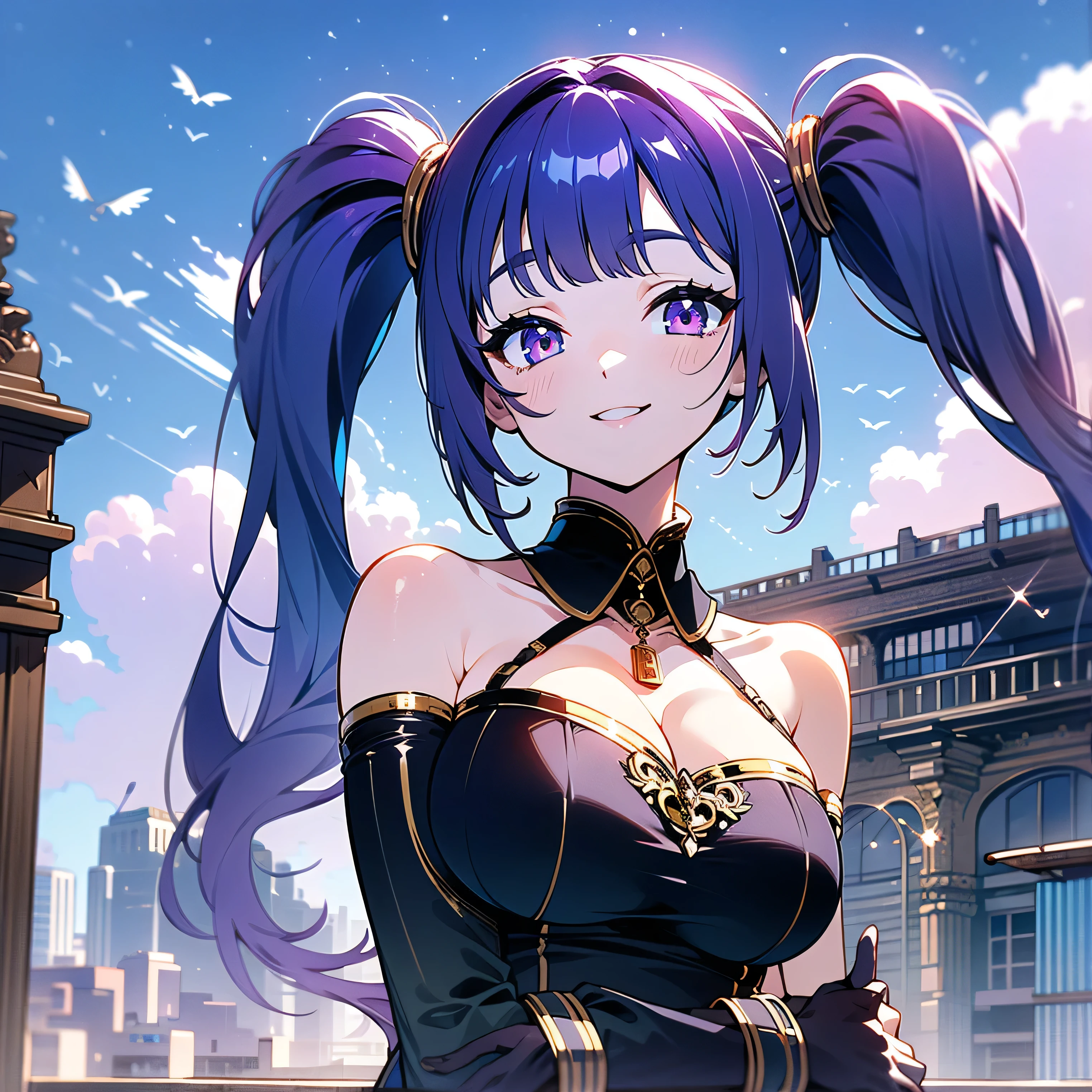 (masterpiece), (HDR), absurdres, (best quality), (ultra high quality), (hi-res), (1girl), (lavender eyes), beautiful detailed eyes, teen, (dark purple hair), bangs, short side locks, (((big thick twintails))), (long straight hair), (((two gold hair ties))), ((detached collar)), ((plunge neckline)), (medium breast), ((perky breasts)), (happy expression), smile with teeth, (looking at viewer), ((pinup)), posing, in the city, outside, buildings, daytime, sunlight on face, noon, bright sun, city scenery, birds, (((upper body))), ecchi