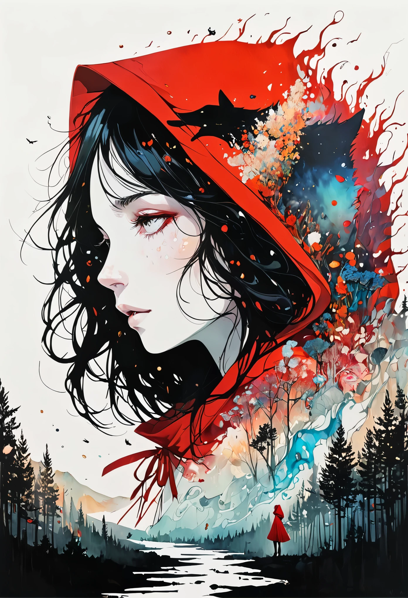 (Double exposure:1.3) effect of Little Red Riding Hood and the Wolf silhouette, superimposed against dark forest sky by Conrad Roset, Brandon Kidwell, Andreas Lie, Dan Mountford, Agnes Cecile, Jeremy Mann, oil and ink canvas, fine art, super dramatic light, photoillustration, amazing depth, hyperdetailed, iridescent red, redundant dreams, intricate detailed, amazing depth, stunning atmosphere, mesmerizing whimsical vibrant scenery, maximalism (Beautiful Outside, Ugly Inside, Stress and Pain, Beauty and Despair, Hard and Soft, Positive and Negative, Hot and Cold, Sweet and Sour, Vibrant and Dull, Perfect Harmony, Light and Dark, Hot and Cold, Old and Young, Fire and Ice, Yin and Yang, Opposites, Black and white, Hot and Cold, Organic and Mechanical, Corresponding colors, Loud and Quiet, Chaos and Peace,  Night and Day:1.2) complex masterwork by head of prompt engineering 