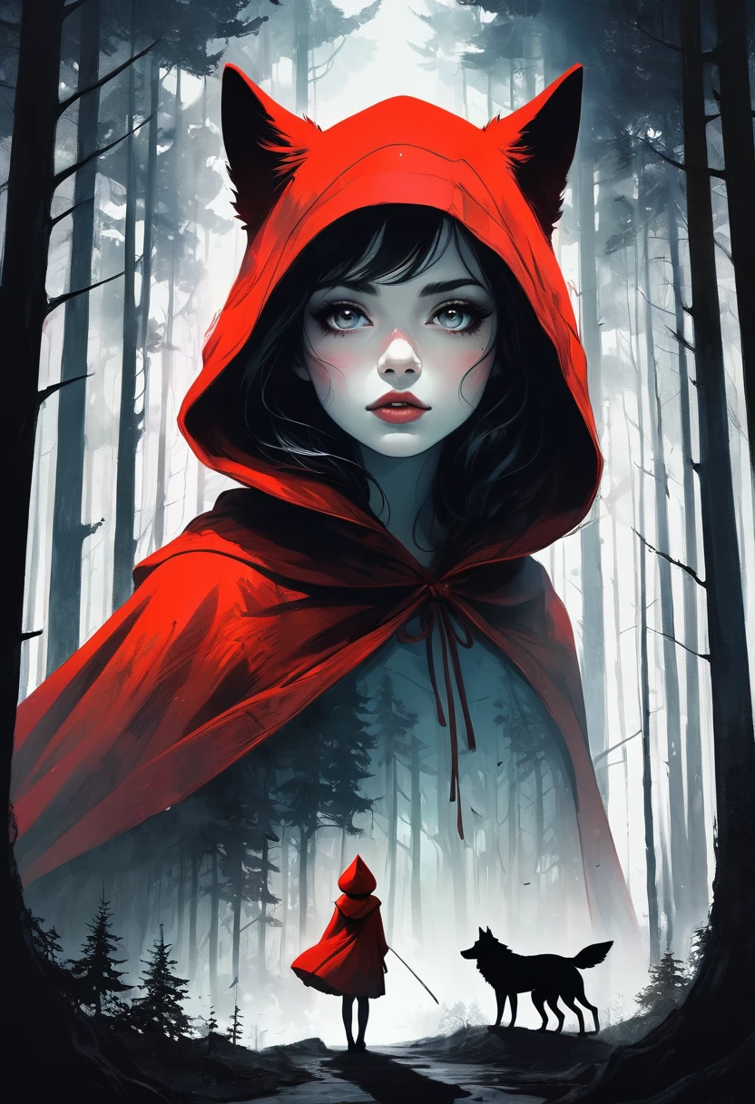 (double exposition:1.3) effet de la silhouette du Petit Chaperon Rouge et du Loup, superposé au ciel sombre de la forêt par Conrad Roset, Brandon Kidwell, Andreas Lie, Dan Mountford, Agnès Cécile, Jérémie Mann, toile à l&#39;huile et à l&#39;encre, beaux-arts, lumière super dramatique, photoillustration, profondeur incroyable, hyperdétaillé, rouge irisé, rêves redondants, complexe détaillé, profondeur incroyable, ambiance époustouflante, paysage vibrant et fantaisiste envoûtant, maximalisme (Bel extérieur, Moche à l&#39;intérieur, Stress et douleur, beauté et désespoir, dur et doux, positif et négatif, Chaud et froid, Aigre-doux, Vibrant et terne, Parfaite harmonie, clair et sombre, Chaud et froid, Vieux et jeunes, Feu et glace, le yin et le yang, Les contraires, noir et blanc, Chaud et froid, organique et mécanique, Couleurs correspondantes, fort et silencieux, Chaos et paix,  nuit et jour:1.2) chef-d&#39;œuvre complexe du chef de l&#39;ingénierie rapide 