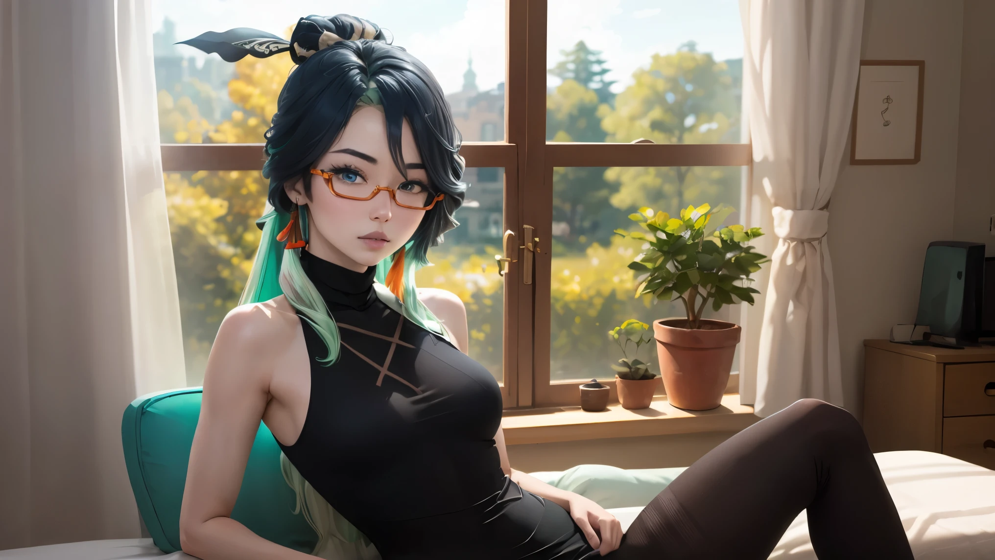 (masterpiece, best quality), 1girl, xianyun, glasses,ponytail, red-framed eyewear, under-rim eyewear,ponytail,
BREAK (sleeveless turtleneck:1.2),
BREAK black background, criss-cross halter, gradient background, looking at viewer, sitting,
BREAK ((top quality, 8k, masterpiece: 1.3, ultra hd, high quality, best quality, high definition, realism)), sharp focus: 1.5, Beautiful woman with Slim body, (perfect hands, perfect anatomy),