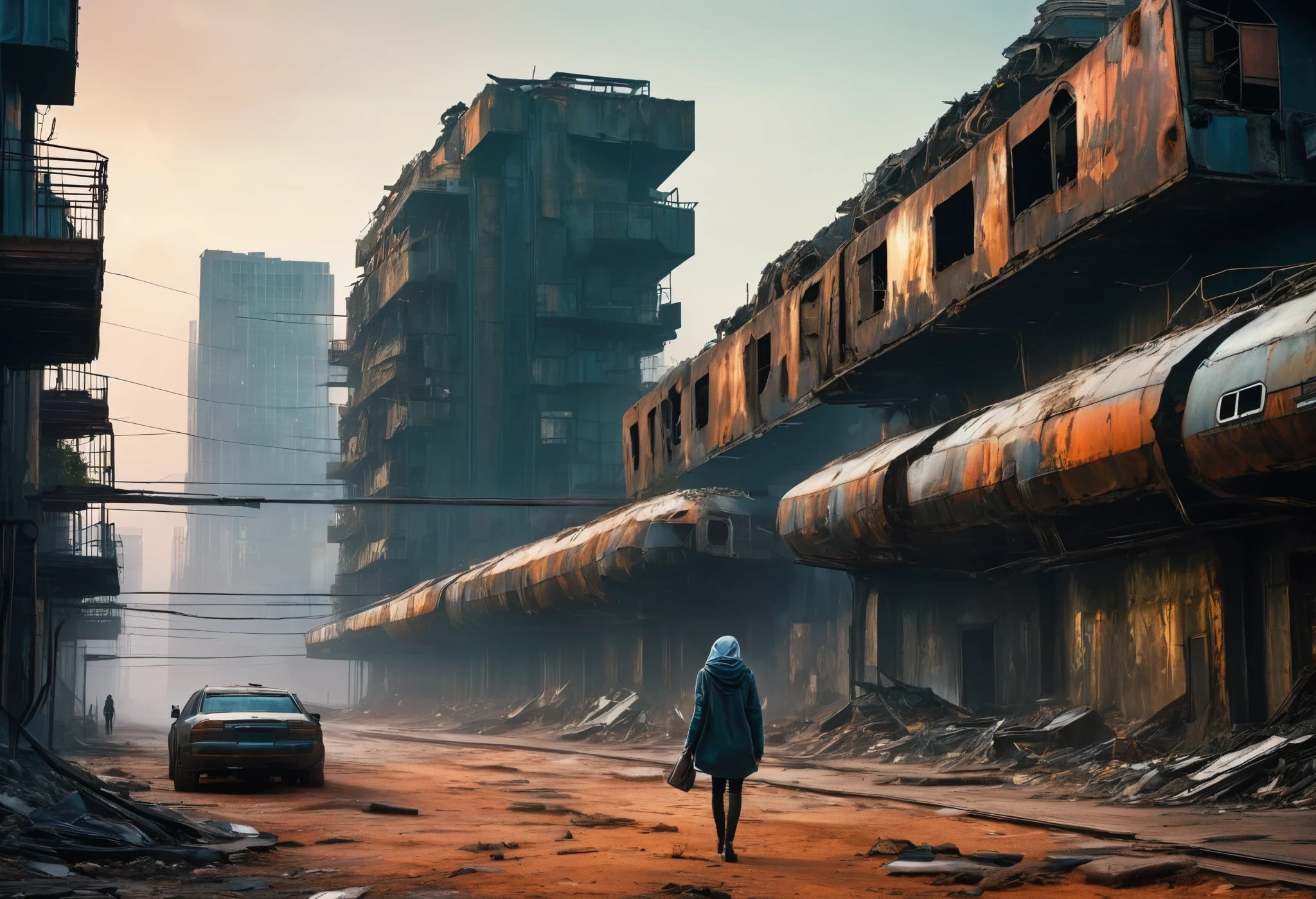 image taken of a girl wearing a hoodie and short, torn dirty clothes, She is wandering among the buildings of an abandoned, ultra-futuristic North American megalopolis city, nuclear apocalypse environment, the dystopian city, has many tall, dystopian metal buildings and dark-colored houses in ruins on the horizon, The uphill street is sloping upwards and is paved and dirty with debris fallen from the buildings, there is a plane lying on the street, rusty and abandoned, environment from dark blue to black, the city has shades of metal gray, has smoky metal structures, there is a viaduct bridge on wide pillars, ultrafuturistic industrial environment with smoke and fog around, dark rusty dirty cars on the streets, desert megalopolis, has abandoned metal rusty modern train and rails among the city streets, futuristic tall buildings with broken glass and rounded rusty and dilapidated metal, tall poles fallen to the ground in the street, many ultramodern buildings around, ORANGE SKY, dusk,  as realistic as possible, as detailed as possible, Science fiction, there are 2 planets in the sky through the dense atmosphere
