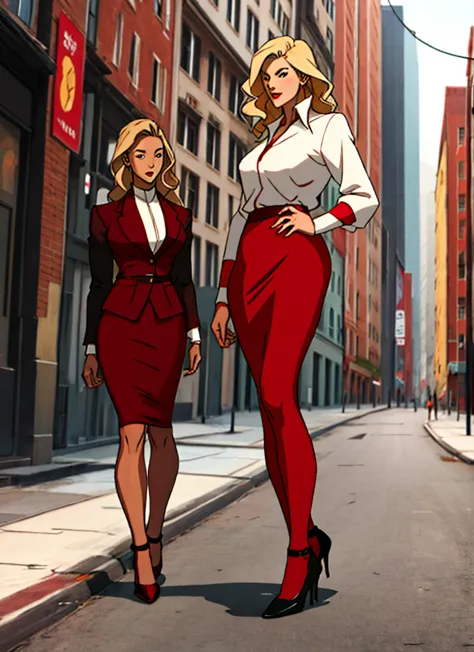 90s skinny adult long blonde hair business woman in a red suit
, red pencil skirt , and red heels white blouse full body